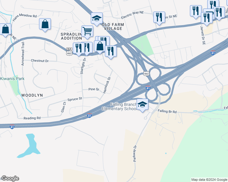 map of restaurants, bars, coffee shops, grocery stores, and more near 335 Huff Heritage Lane in Christiansburg