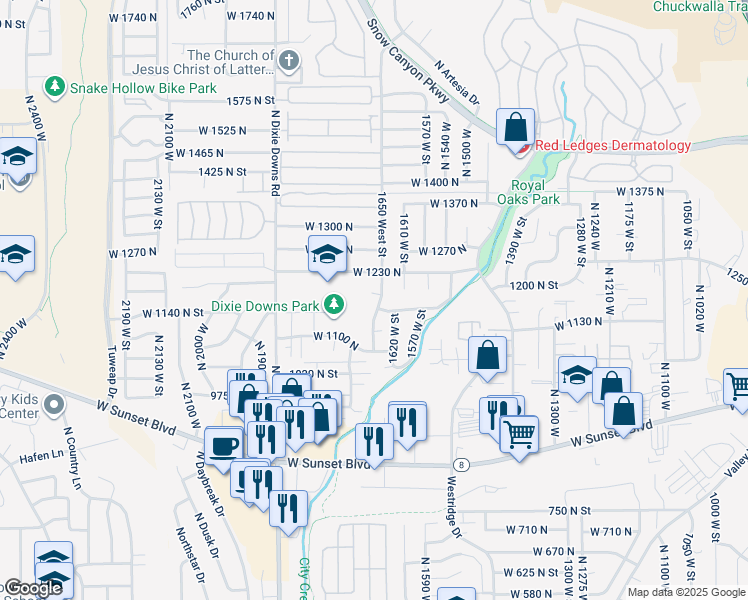 map of restaurants, bars, coffee shops, grocery stores, and more near 1633 West 1170 North in St. George