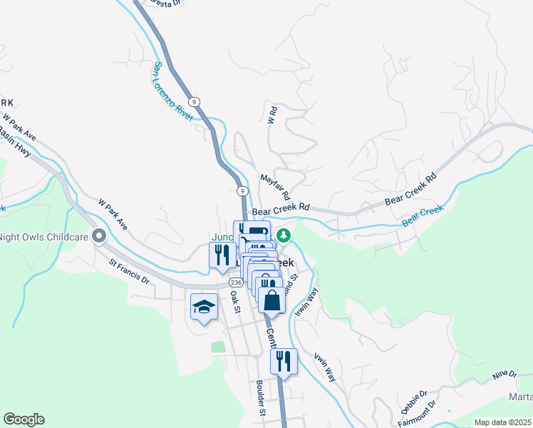 map of restaurants, bars, coffee shops, grocery stores, and more near 13550 Bear Creek Road in Boulder Creek