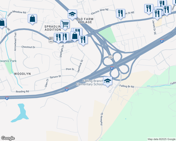 map of restaurants, bars, coffee shops, grocery stores, and more near 110 Kitty Lane in Christiansburg