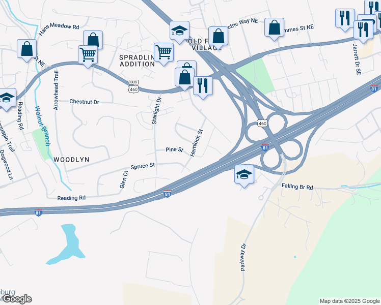 map of restaurants, bars, coffee shops, grocery stores, and more near 1535 Pine St in Christiansburg