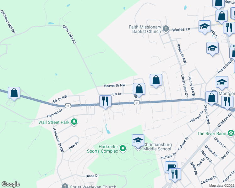 map of restaurants, bars, coffee shops, grocery stores, and more near 1000 Elk Drive in Christiansburg