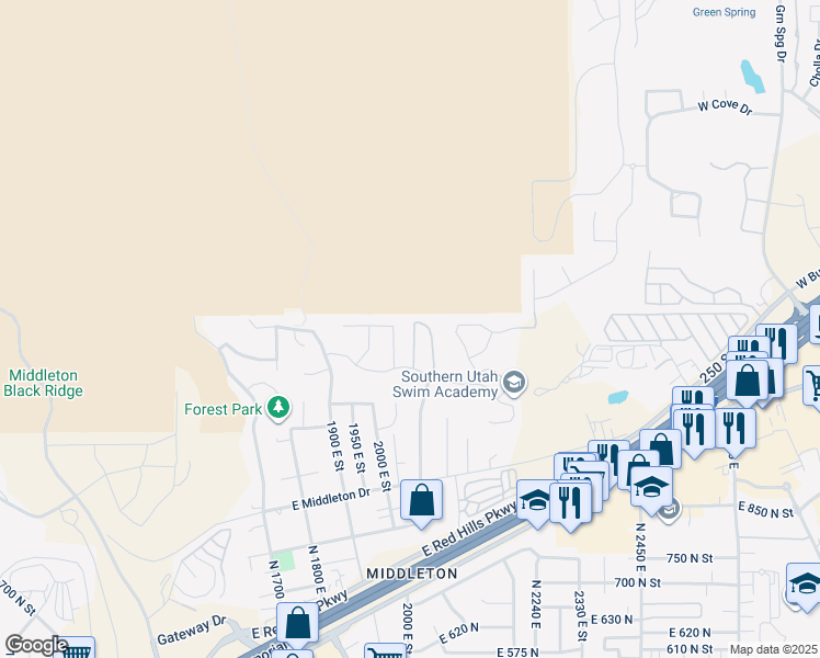 map of restaurants, bars, coffee shops, grocery stores, and more near 2031 East Colorado Drive in St. George