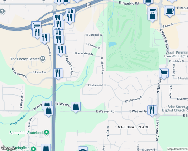 map of restaurants, bars, coffee shops, grocery stores, and more near 603 E Lakewood Pl in Springfield