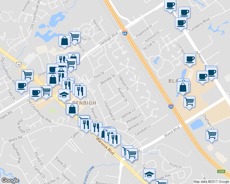 map of restaurants, bars, coffee shops, grocery stores, and more near 46 Chipley Drive in Newport News