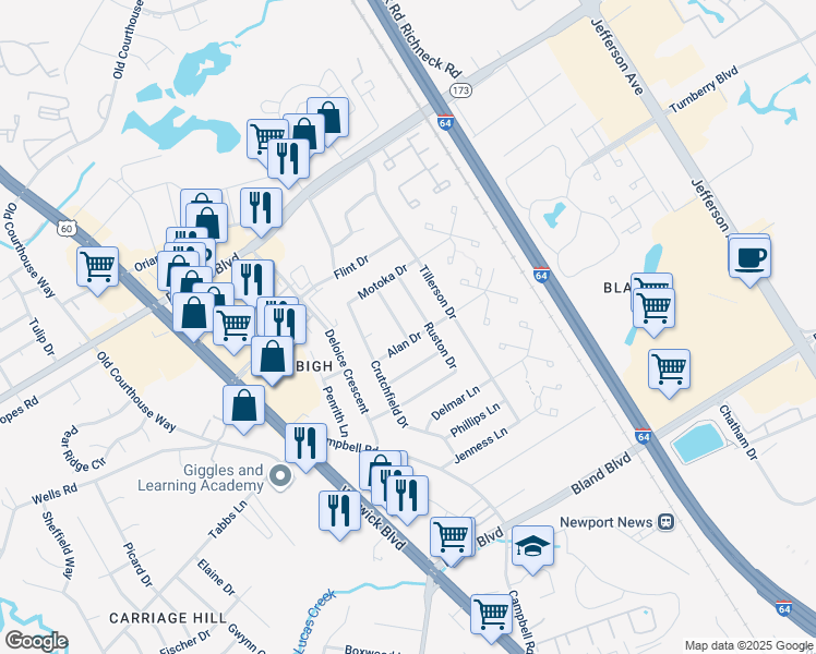map of restaurants, bars, coffee shops, grocery stores, and more near 46 Chipley Drive in Newport News