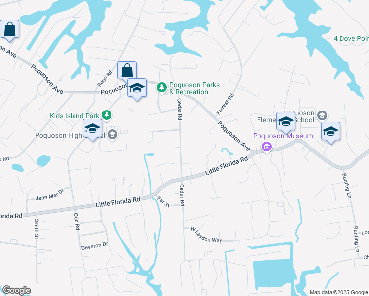 map of restaurants, bars, coffee shops, grocery stores, and more near 47 Cedar Road in Poquoson