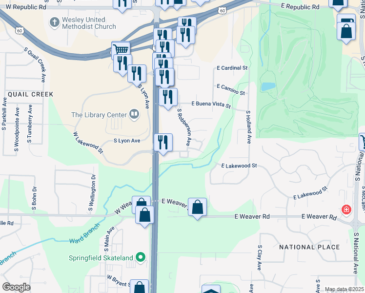 map of restaurants, bars, coffee shops, grocery stores, and more near 4733 South Robberson Avenue in Springfield