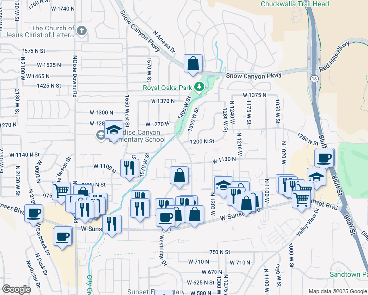map of restaurants, bars, coffee shops, grocery stores, and more near 1130 1400 West Street in St. George