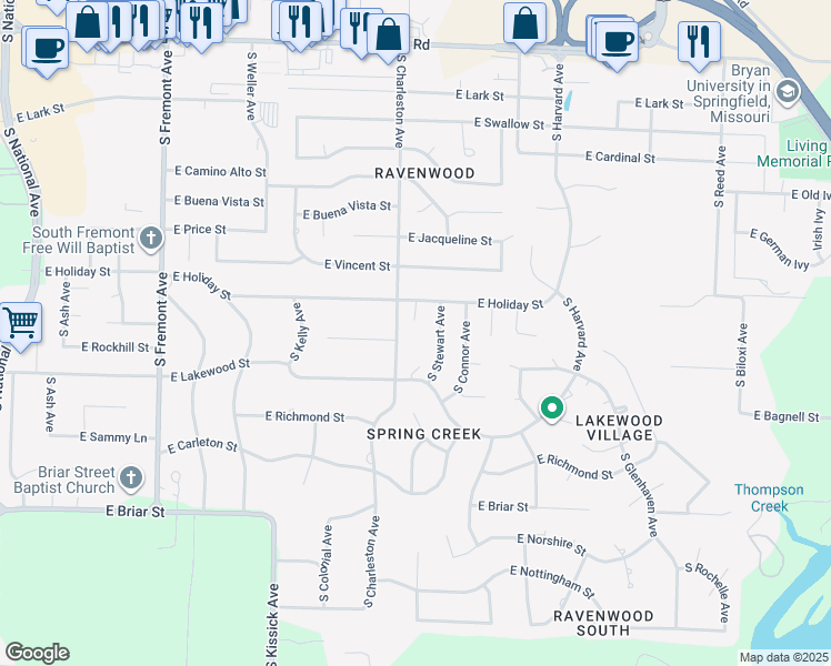 map of restaurants, bars, coffee shops, grocery stores, and more near 1817 East Lakewood Street in Springfield