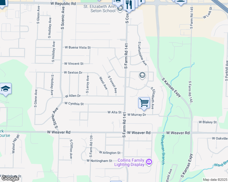 map of restaurants, bars, coffee shops, grocery stores, and more near 4765 South Forest Avenue in Springfield