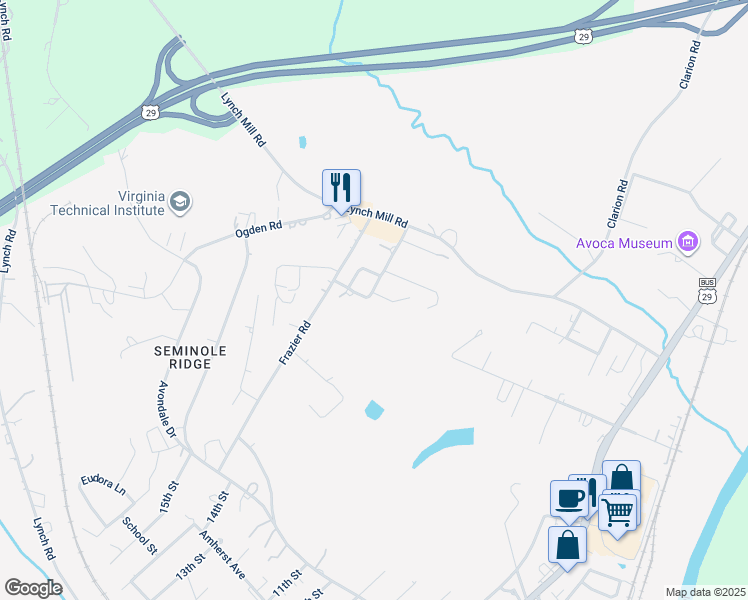 map of restaurants, bars, coffee shops, grocery stores, and more near 1 Ash Lane in Altavista