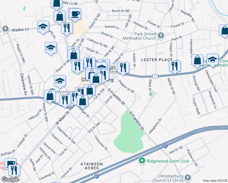 map of restaurants, bars, coffee shops, grocery stores, and more near 204 South Franklin Street in Christiansburg