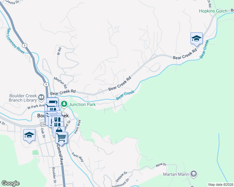map of restaurants, bars, coffee shops, grocery stores, and more near 180 Brier Drive in Boulder Creek