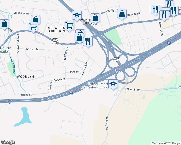map of restaurants, bars, coffee shops, grocery stores, and more near 405 Huff Heritage Lane in Christiansburg