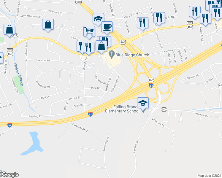map of restaurants, bars, coffee shops, grocery stores, and more near 405 Huff Heritage Lane in Christiansburg