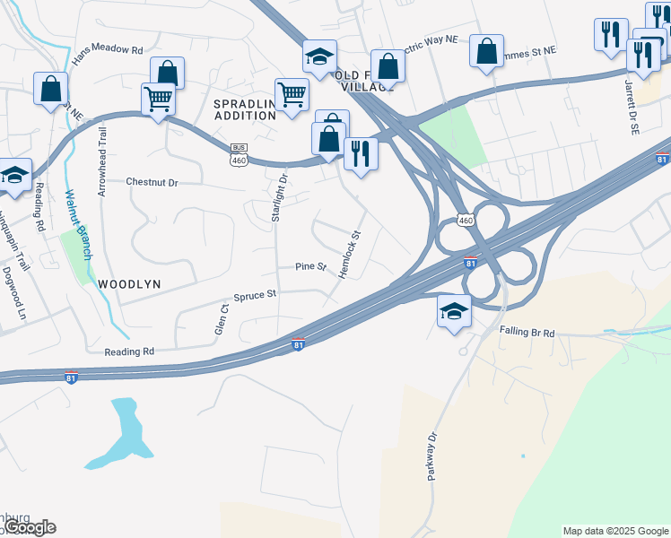 map of restaurants, bars, coffee shops, grocery stores, and more near 1535 Pine St in Christiansburg