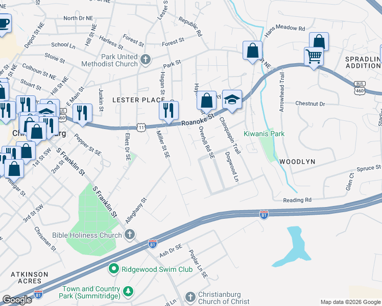 map of restaurants, bars, coffee shops, grocery stores, and more near 310 Turpin Walk in Christiansburg