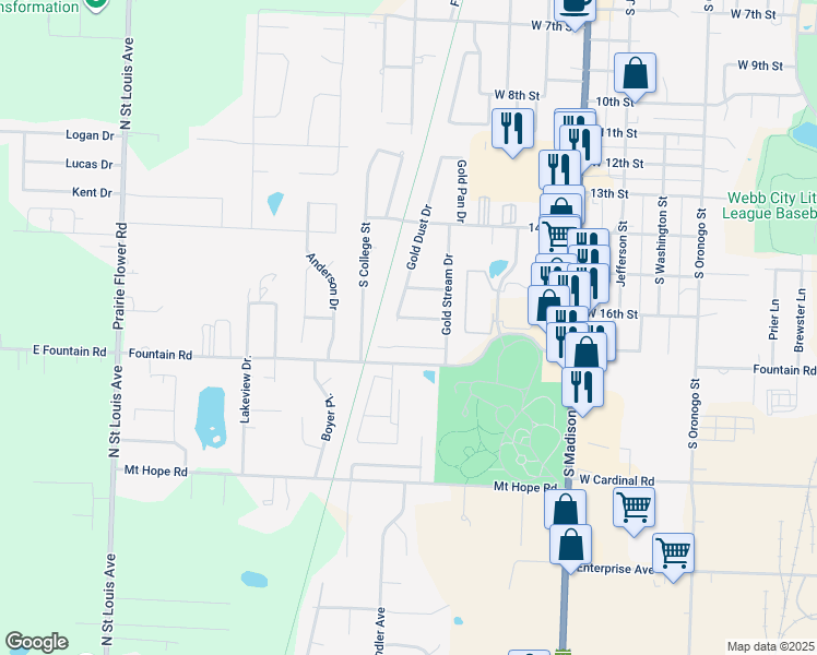map of restaurants, bars, coffee shops, grocery stores, and more near 1365 Canyon Trails Drive in Webb City