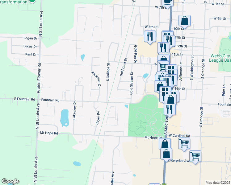 map of restaurants, bars, coffee shops, grocery stores, and more near 1365 Canyon Trails Drive in Webb City