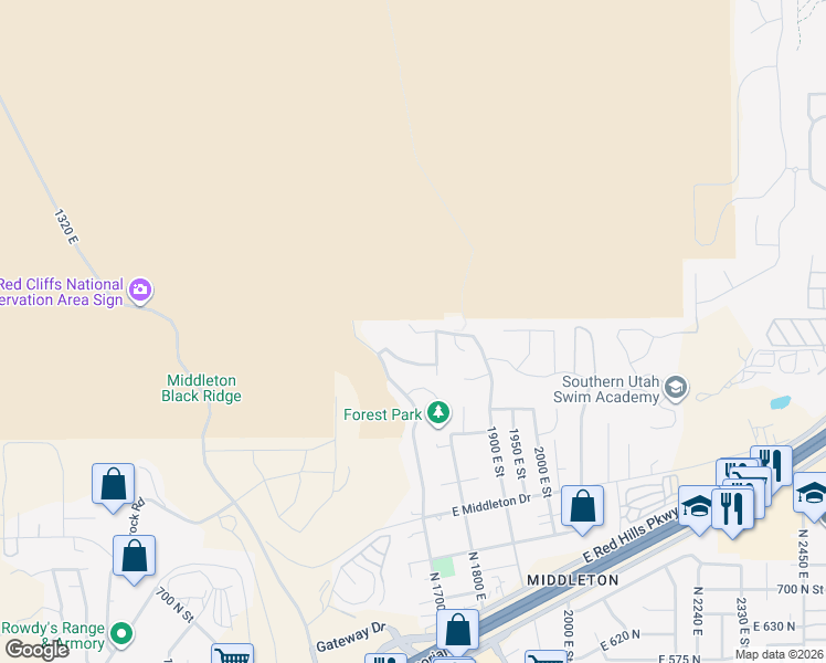 map of restaurants, bars, coffee shops, grocery stores, and more near 1767 East 1200 North in St. George