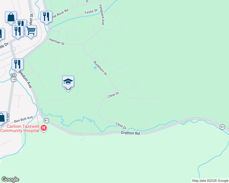 map of restaurants, bars, coffee shops, grocery stores, and more near 167 Buckhorn Street in Tazewell