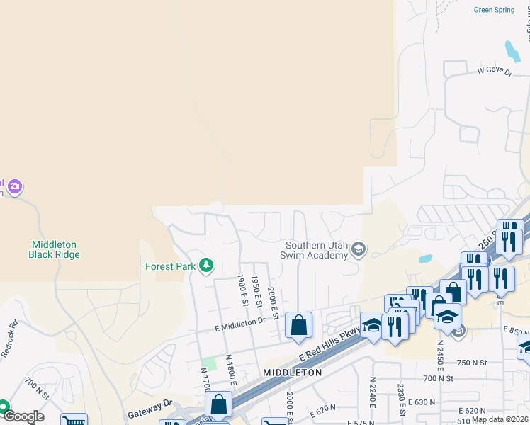 map of restaurants, bars, coffee shops, grocery stores, and more near 1976 East 1200 North in St. George