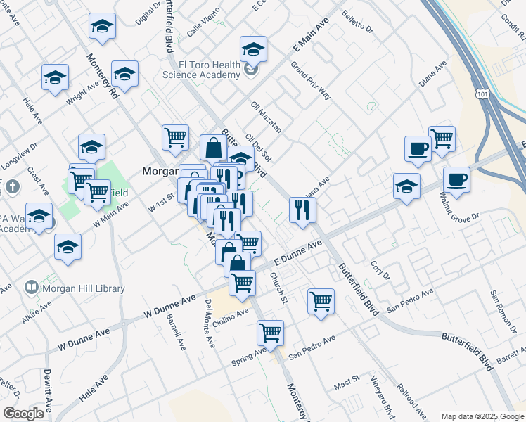 map of restaurants, bars, coffee shops, grocery stores, and more near 17106 Depot Street in Morgan Hill