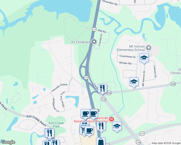 map of restaurants, bars, coffee shops, grocery stores, and more near Cardinal Lane in Yorktown