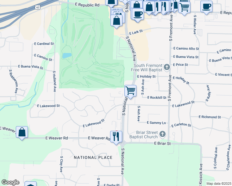 map of restaurants, bars, coffee shops, grocery stores, and more near 1131 East Lakewood Street in Springfield