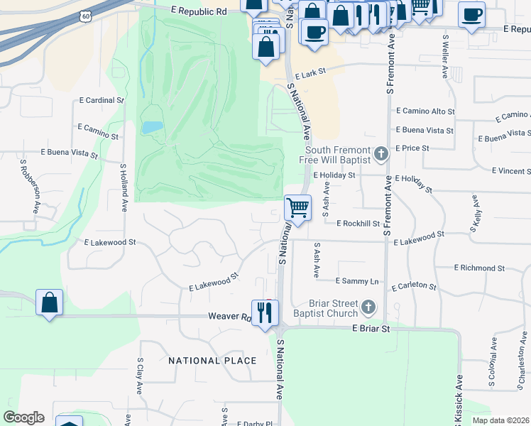 map of restaurants, bars, coffee shops, grocery stores, and more near 1131 East Lakewood Street in Springfield