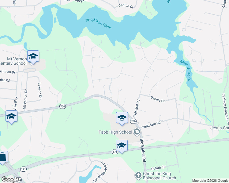 map of restaurants, bars, coffee shops, grocery stores, and more near 101Z Taylor Farm Lane in Yorktown