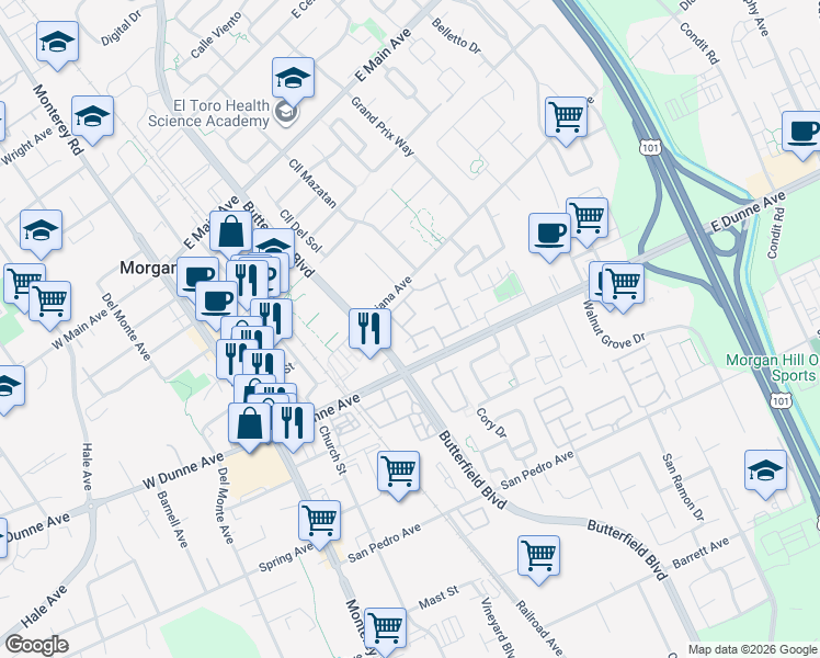 map of restaurants, bars, coffee shops, grocery stores, and more near 17106 Creekside Circle in Morgan Hill