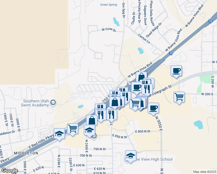 map of restaurants, bars, coffee shops, grocery stores, and more near 1150 West Red Hills Parkway in Washington