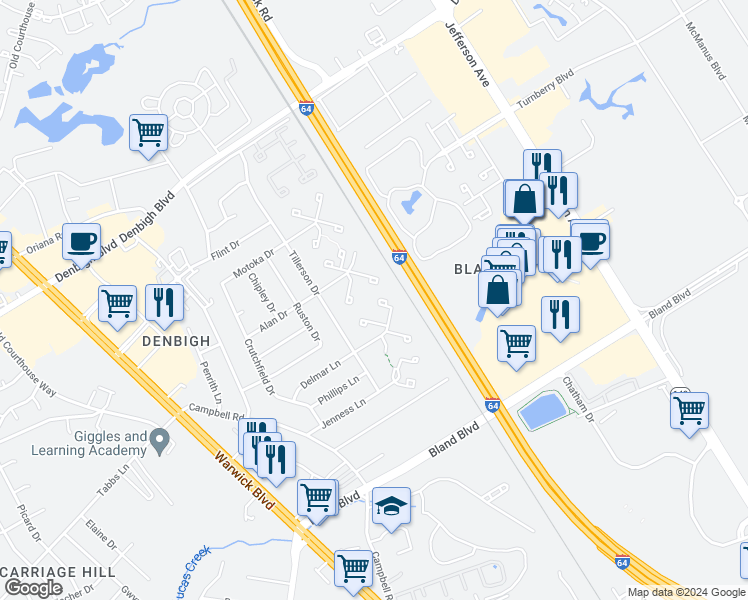 map of restaurants, bars, coffee shops, grocery stores, and more near 159 Delmar Lane in Newport News