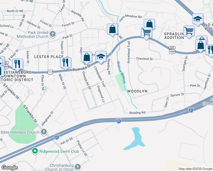 map of restaurants, bars, coffee shops, grocery stores, and more near 340 Dogwood Lane in Christiansburg