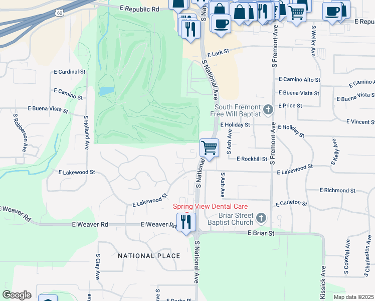 map of restaurants, bars, coffee shops, grocery stores, and more near 4777 South National Avenue in Springfield