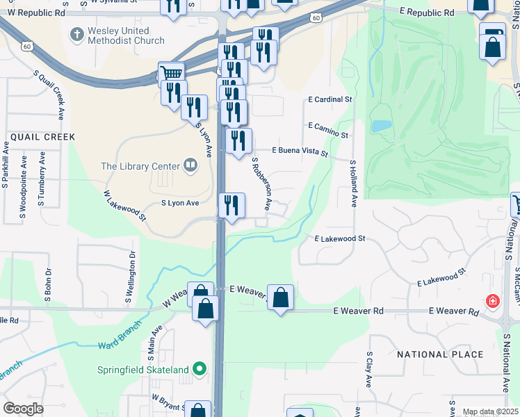 map of restaurants, bars, coffee shops, grocery stores, and more near 4733 South Robberson Avenue in Springfield