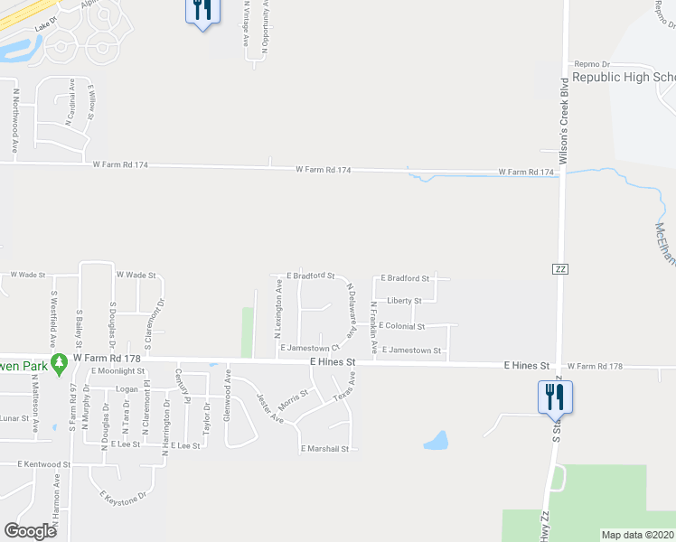 map of restaurants, bars, coffee shops, grocery stores, and more near 3099 East Bradford Street in Republic