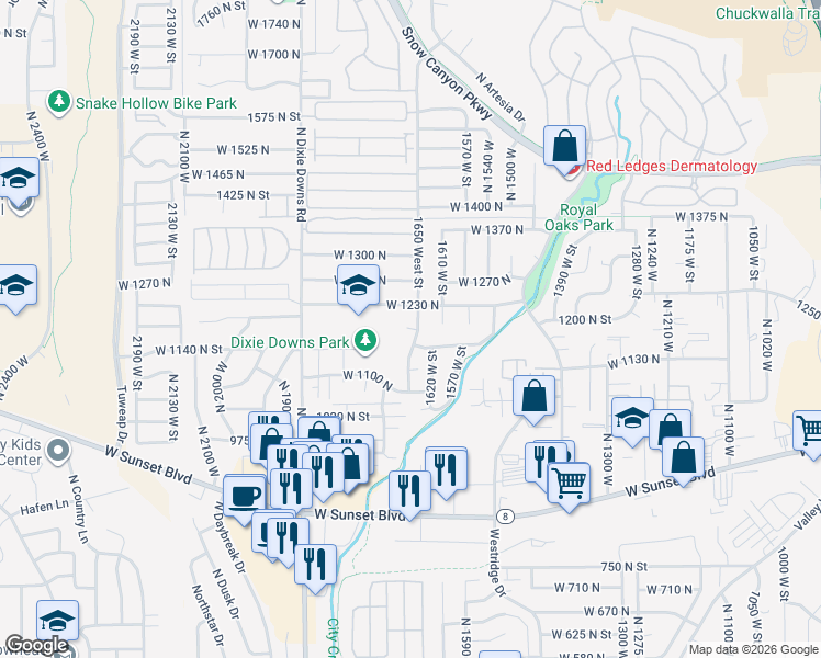 map of restaurants, bars, coffee shops, grocery stores, and more near 1662 West 1190 North in St. George