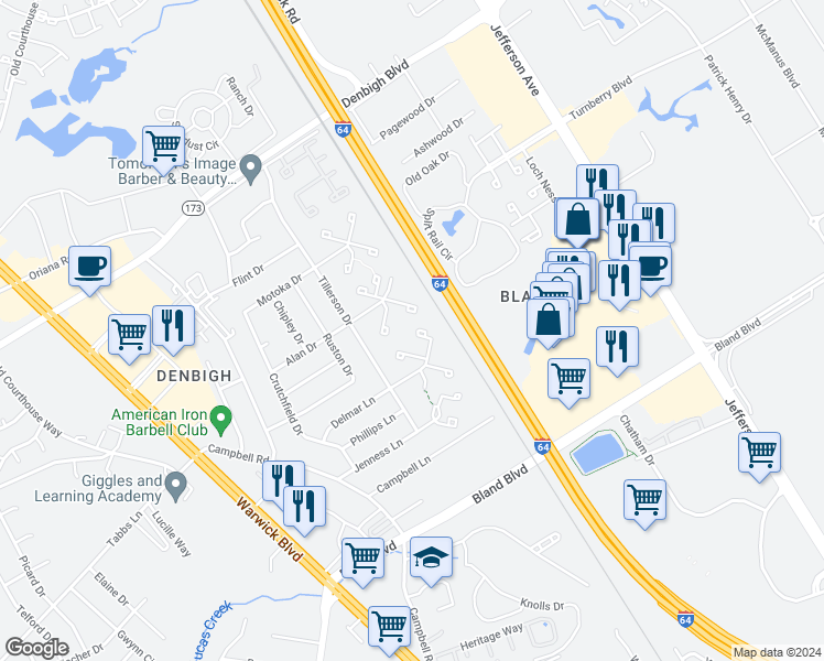 map of restaurants, bars, coffee shops, grocery stores, and more near 163 Delmar Lane in Newport News