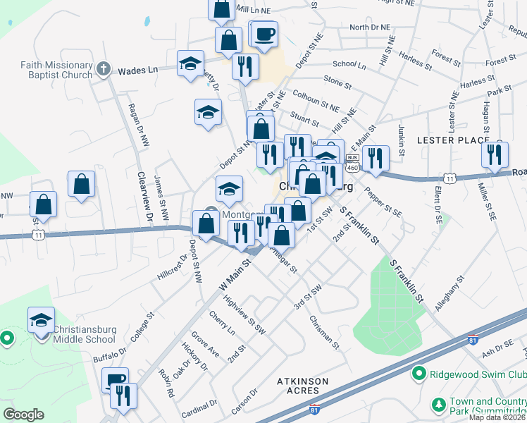 map of restaurants, bars, coffee shops, grocery stores, and more near 208 College Street in Christiansburg