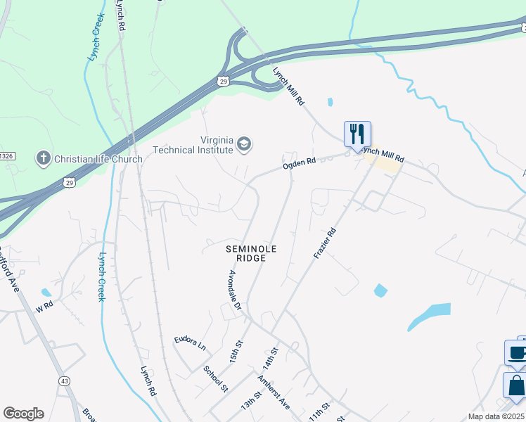 map of restaurants, bars, coffee shops, grocery stores, and more near 1713 Avondale Drive in Altavista