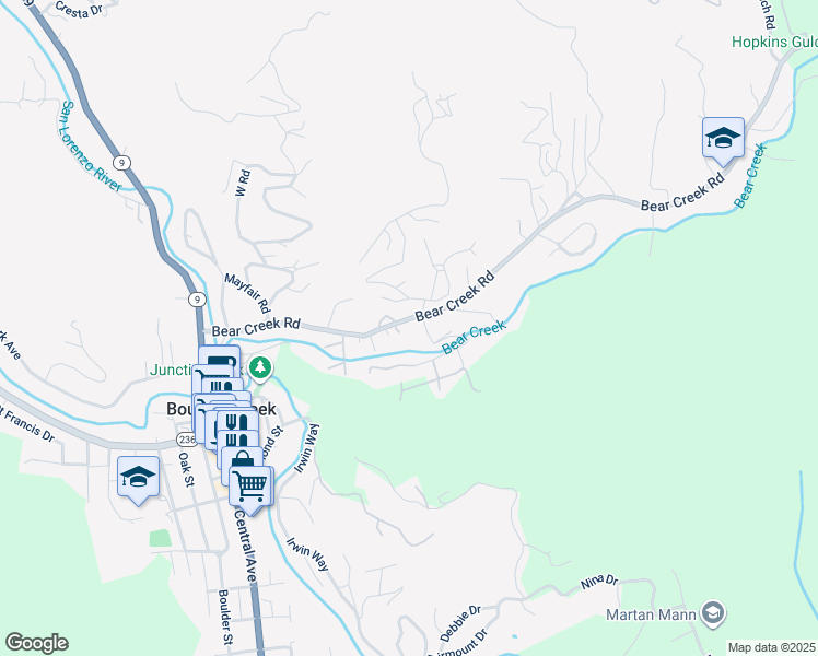 map of restaurants, bars, coffee shops, grocery stores, and more near 13896 Bear Creek Road in Boulder Creek