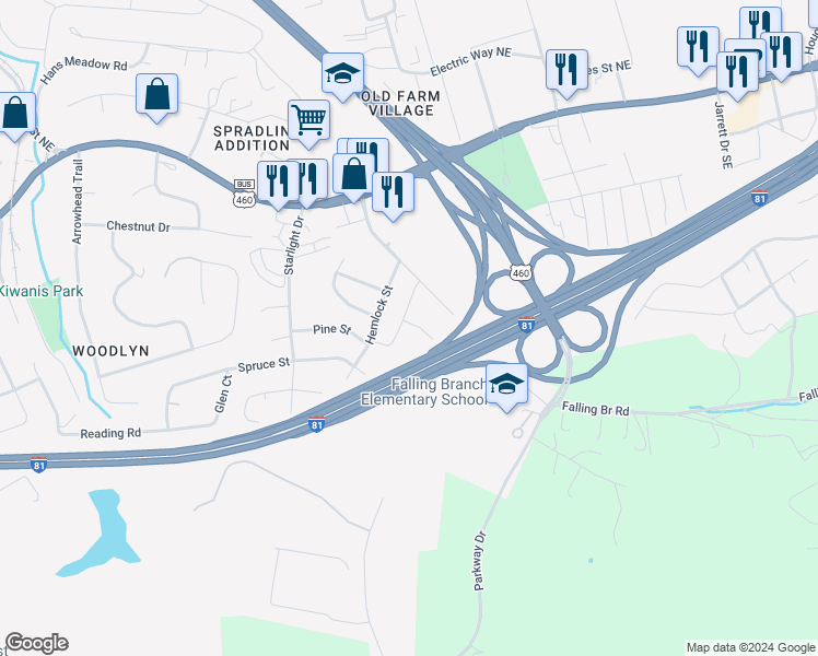 map of restaurants, bars, coffee shops, grocery stores, and more near 305 Huff Heritage Lane in Christiansburg