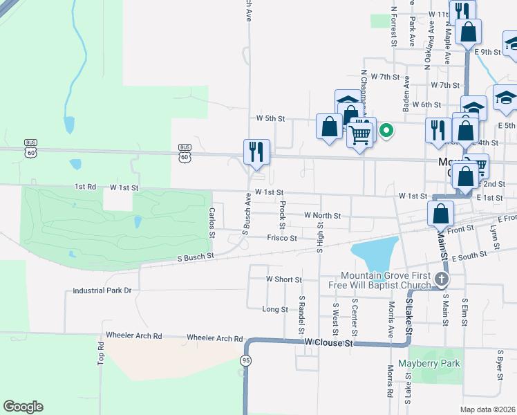 map of restaurants, bars, coffee shops, grocery stores, and more near 700-1098 West North Street in Mountain Grove