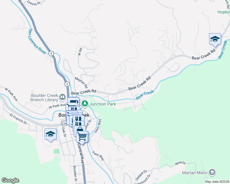map of restaurants, bars, coffee shops, grocery stores, and more near 13805 Bear Creek Road in Boulder Creek