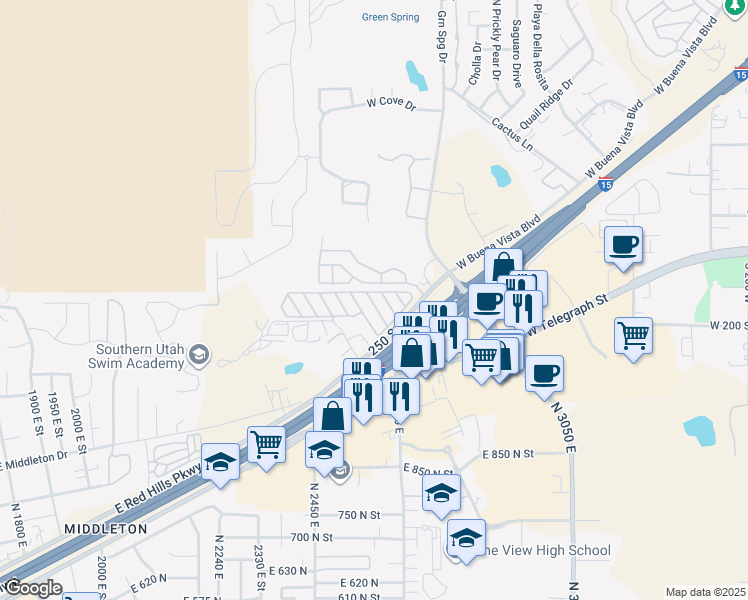 map of restaurants, bars, coffee shops, grocery stores, and more near 1150 West Red Hills Parkway in Washington