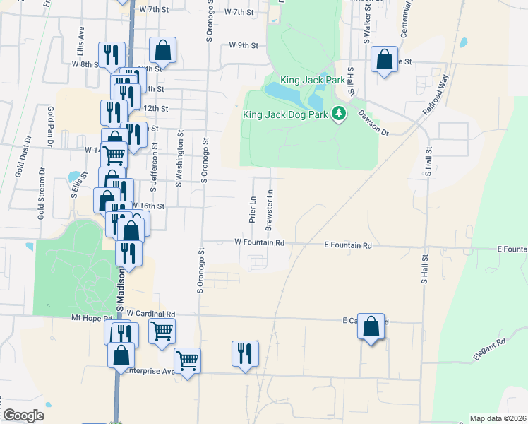 map of restaurants, bars, coffee shops, grocery stores, and more near 1612 Brewster Lane in Webb City