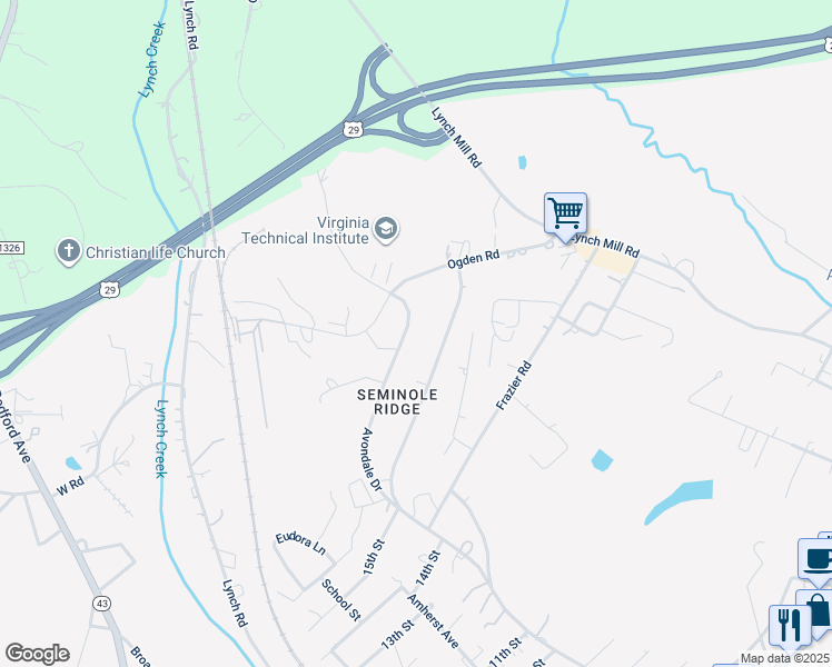 map of restaurants, bars, coffee shops, grocery stores, and more near 1713 Avondale Drive in Altavista
